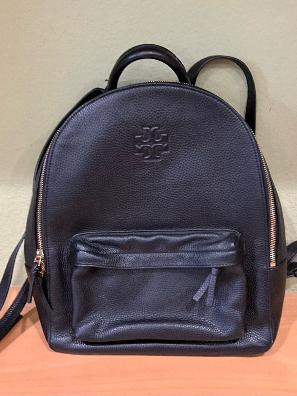 Tory Burch Black Pebbled Leather Compact Backpack
